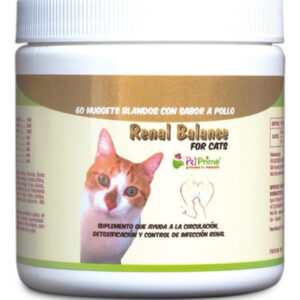 Complemento nutricional (Nutraceútico), RENAL BALANCE For Cats. Es una Fórmula para felinos, de apoyo al riñón y al aparato urinario que mejora el flujo sanguíneo renal, tiene acción Detoxificante del tejido renal y controla además la infección urinaria producida por E. Coli.